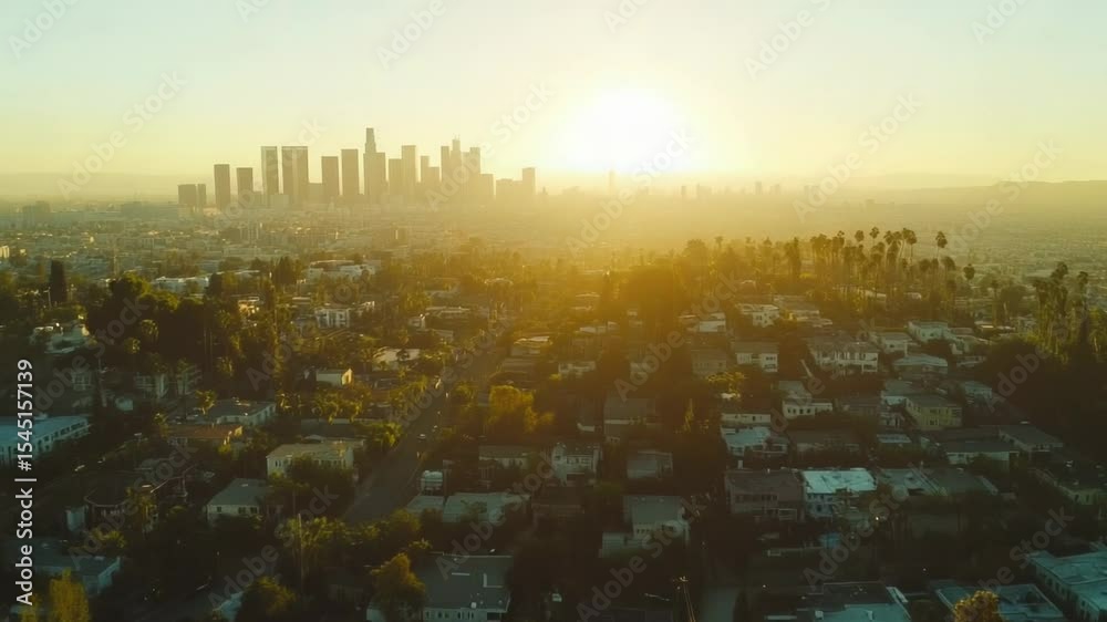 Poster view of a city from a high altitude, showing urban infrastructure and architecture