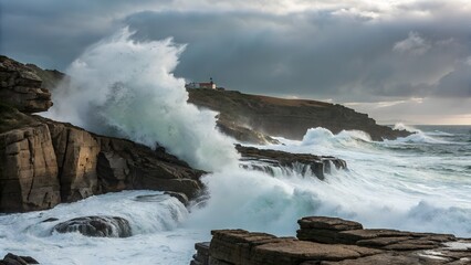 High tide crashing against rocky cliffs &mdash; dramatic ocean spray and stormy clouds