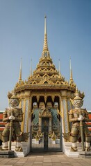 Fototapeta premium Grand palace bangkok: ornate thai architecture with temple statues and golden spires