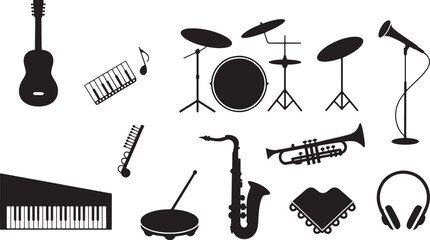 Black and White Line Art Illustration of Musical Instruments Including Guitar Saxophone Trumpet Keyboard Drums © Zakir Ali