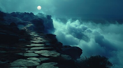 Dark Teal Ocean Waves Crashing Against a Misty Coastal Cliff Path