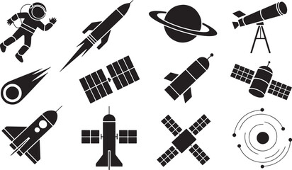 Black and White Line Art Space Icons Astronaut Rocket Satellite Planet Telescope Comet vector