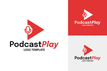 Mic with play button for podcast media logo design template vector illustration