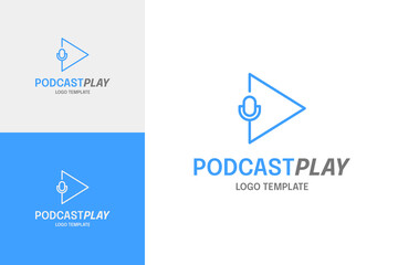 Mic with play button for podcast media logo design template vector illustration