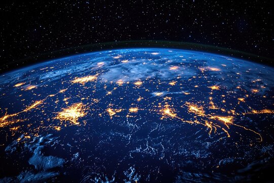 Earth at Night with Network of Satellites in Orbit