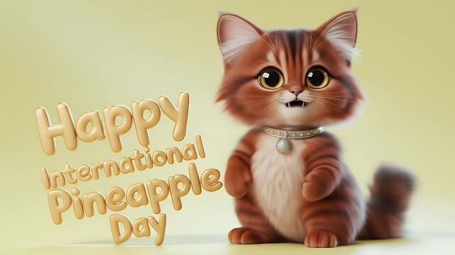 Fluffy Tan and Brown Striped Cat Holding Happy International Pineapple Day Sign in Soft Yellow Background with Silver Collar