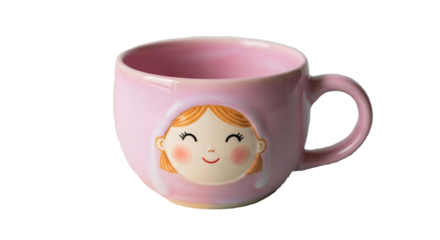 Realistic ceramic cup with pastel pink glaze and hand-painted smiling face isolated on transparent background