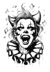 Hand-drawn Illustration of a Eerie Smiling Clown with Dramatic Hair and Makeup