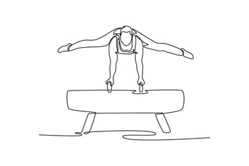 Single one line drawing athlete gymnast exercise pommel horse in championship gymnastics artistic, summer sport games. Man perform acrobatic motion. Continuous line design graphic vector illustration
