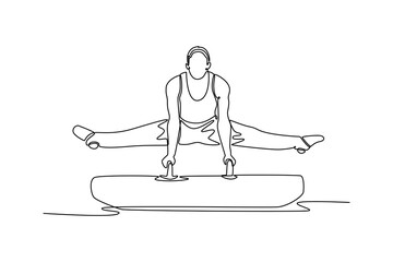 Single one line drawing professional male gymnast doing the splits and balancing on the pommel horse in championship gymnastics artistic. Modern continuous line draw design graphic vector illustration