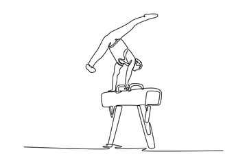 Continuous one line drawing male athlete doing complicated exciting trick on pommel horse in professional gym. Man perform stunt in sports clothes. Single line draw design vector graphic illustration