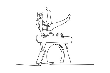 Single one line drawing male gymnast performing on pommel horse competition artistic gymnastics. Male athlete doing complicated exciting trick. Continuous line draw design graphic vector illustration