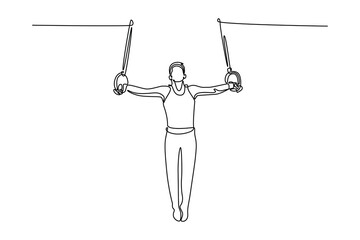 Continuous one line drawing sportive male gymnast training in gym, flexible and active. Male athlete in sportswear practicing balance on the rings. Single line draw design vector graphic illustration