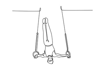 Continuous one line drawing professional male gymnast swinging on gymnastic rings while doing muscle up exercise during calisthenics workout in gym. Single line draw design vector graphic illustration