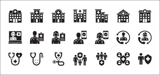 Healthcare icon set. Doctor and hospital icon collection. Icon set contains hospital, doctor, consultation, clinic, stethoscope, nurse, health insurance, family, emergency. Vector illustration.