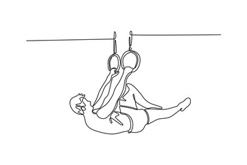Continuous one line drawing young active strong sweaty athlete muscular fit man with big muscles doing cross workout training on the gymnastic ring. Single line draw design vector graphic illustration