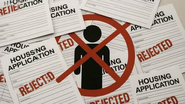 A powerful visual representation of housing discrimination, showcasing rejected housing applications marked with a prominent crossed-out figure symbolizing exclusion and bias.