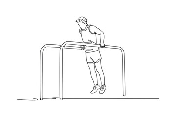 Single continuous line drawing flexible gymnast exercise parallel bars in championship gymnastics. Movement, action, motion, healthy lifestyle. Dynamic one line draw graphic design vector illustration