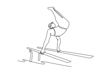 Single continuous line drawing professional male gymnast swinging on parallel bars while doing muscle up exercise during calisthenics workout in gym. One line draw graphic design vector illustration