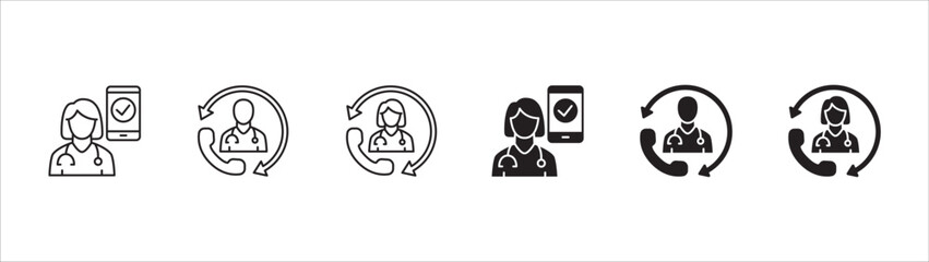 Healthcare icon set. Health insurance symbol. Doctor consultation apps icon. Icons set contains online doctor, hospital, medical consultant, medic, clinic, emergency call. Vector illustration