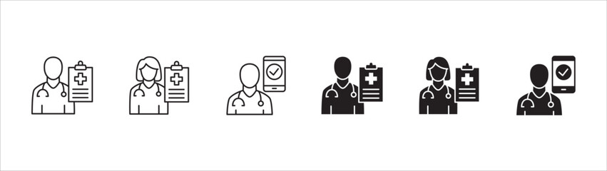 Healthcare icon set. Health insurance symbol. Doctor consultation apps icon. Icons set contains online doctor, hospital, medical consultant, medic, clinic, emergency call. Vector illustration