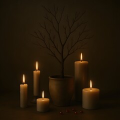 Cozy Autumn Still Life with Lit Candles, Bare Tree in Pot, and Berries on Dark Background. Candles in the dark