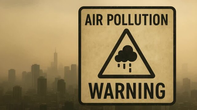 A stark warning sign indicates air pollution in an urban environment, highlighting the environmental crisis affecting cities worldwide, urging awareness and action for cleaner air.