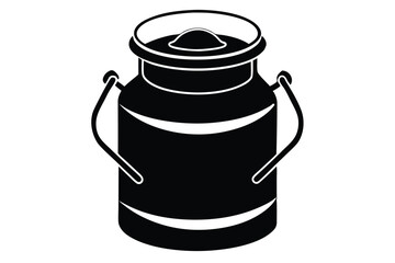 Black and white dairy milk canister with lid and side handles illustration