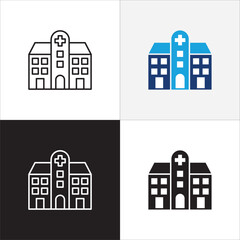 Healthcare icon. Hospital icon. Icon symbol of clinic, health center, hospital building, red cross, medication place. Vector illustration. Thin line and flat solid design.