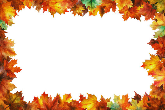 A vibrant autumn frame composed of maple leaves in shades of red, orange, yellow, and green, perfect for backdrops, seasonal designs, and fall projects. No background.