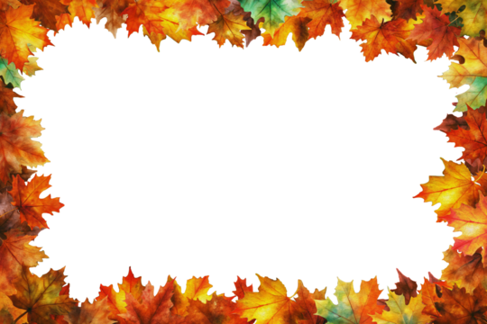 A vibrant autumn frame composed of maple leaves in shades of red, orange, yellow, and green, perfect for backdrops, seasonal designs, and fall projects. No background.