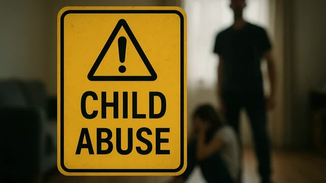 A powerful depiction highlighting the seriousness of child abuse, featuring a caution sign with an alarming warning
