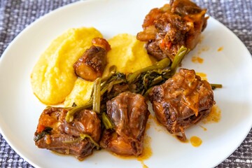 Delicious Brazilian food, oxtail stew with watercress and polenta, a gourmet dish on a white plate