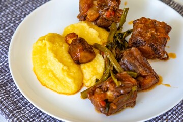 Delicious Brazilian food, oxtail stew with watercress and polenta, a gourmet dish on a white plate
