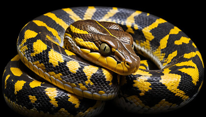 Obraz premium A coiled Reticulated Python (Malayopython reticulatus) photographed in a studio setup with a clean matte black background