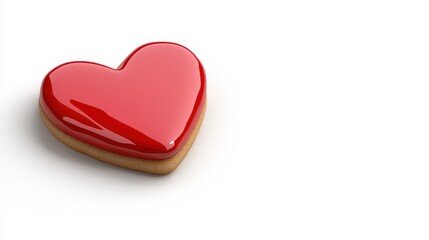 Red heart shaped cookie with glossy icing on white background sweet dessert