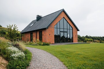 Modern brick house with large windows surrounded by lush landscaping in a serene rural setting during overcast weather in the afternoon