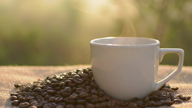 Close Up Steaming White Mug with Coffee Beans and Burlap Against Bokeh Background
