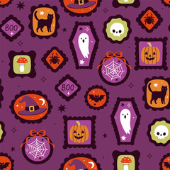Seamless pattern with Halloween items in frames. Vector graphics.