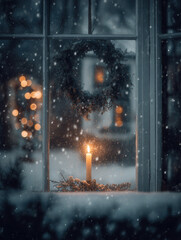 Obraz premium A candle burns on a windowsill, surrounded by snow. A wreath hangs on the window, with soft bokeh lights in the background. Winter scene with a cozy atmosphere.