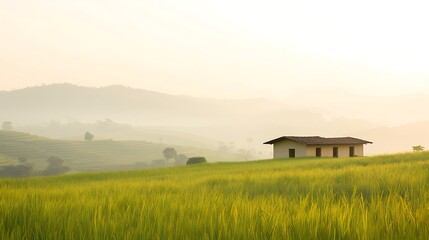 Obraz premium A House Amidst Green Fields and Misty Mountains in the Morning