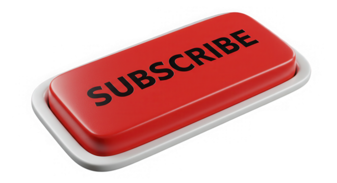 Red subscribe button for social media isolated on transparent background