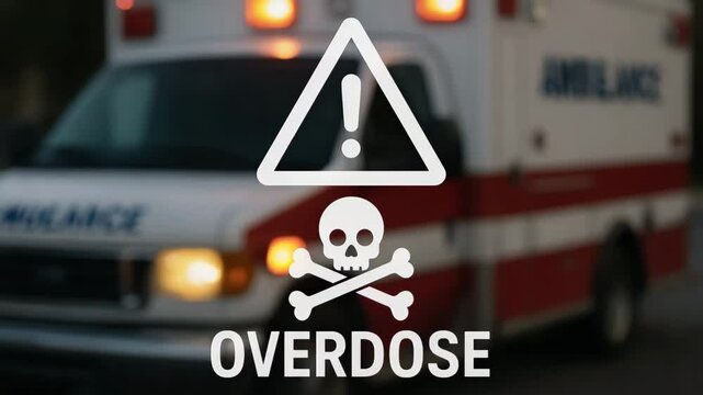 The image depicts an ambulance with an overdose warning symbol, highlighting the urgent need for awareness around drug-related crises and the importance of emergency response.