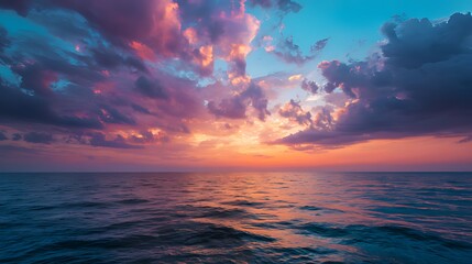Obraz premium Vibrant Sunset over a Peaceful Beach. A stunning digital painting captures the vibrant hues of a sunset over a tranquil beach.