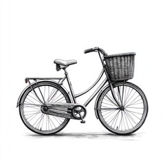 A Classic Bicycle with Wicker Basket, Drawn in Monochrome