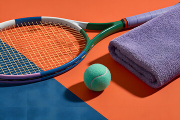 A racket and tennis ball sit by a towel on a bright court, showcasing match readiness