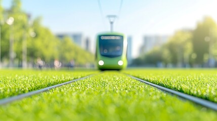 Green Tram on Grass Tracks in Urban Setting on Sunny Day