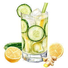 Refreshing Cucumber Lemon Ginger Drink with Ice and Slices