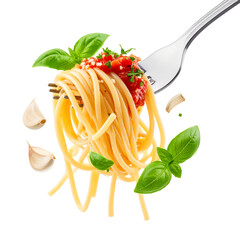 Fork Twisting Spaghetti with Sauce and Herbs, Floating Composition on White