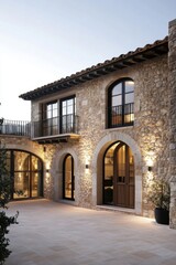 Fototapeta premium This stunning stone villa features a blend of contemporary design elements, surrounded by a tranquil outdoor environment illuminated by inviting warm evening lighting